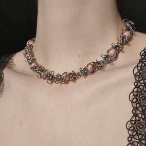 Fairy princess pink barbwire chain mail necklace with a small silver chain